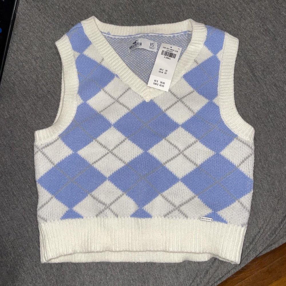 BRAND NEW Hollister Blue Knit Plaid Sweater Vest